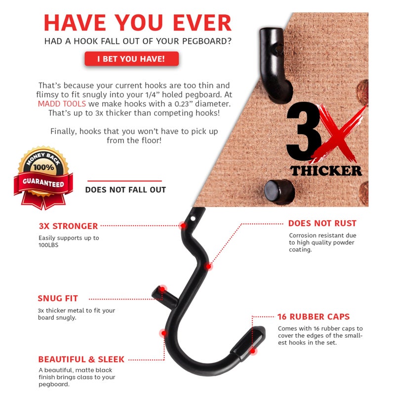 MADD TOOLS DOUBLE D FOR DOUBLE DUTY Extra Thick Black 1/4'' Pegboard Hooks for Hanging Tools, Set of 70 Pieces 1/4'' Black Peg Board Accessories Peg Hooks, Peg Board Attachments for Tools Organization - Image 3